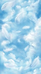 Obraz premium A gentle blue sky filled with soft clouds and delicate feathers drifting peacefully above