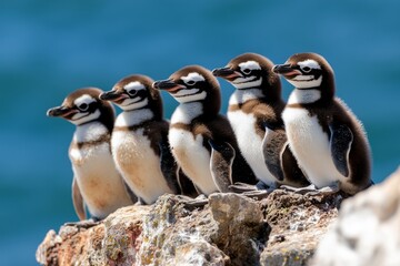 Naklejka premium Five young penguins perched on a rocky ledge by the ocean, enjoying a sunny day and the calming sea breeze