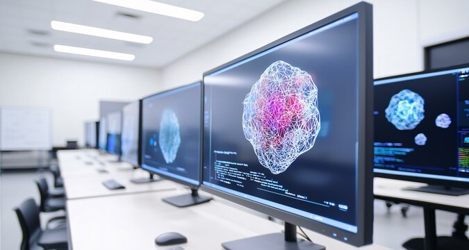 Exploring advanced computational models digital brain visualizations on display in a modern tech lab setting