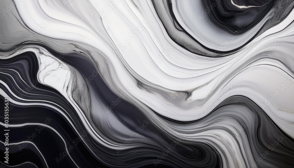 Poster Elegant Monochrome Marble Texture. Flowing Wave Patterns with Organic Curves and Subtle Depth for Sophisticated Banner, Poster, or Background Design in Contemporary Minimalist Aesthetic