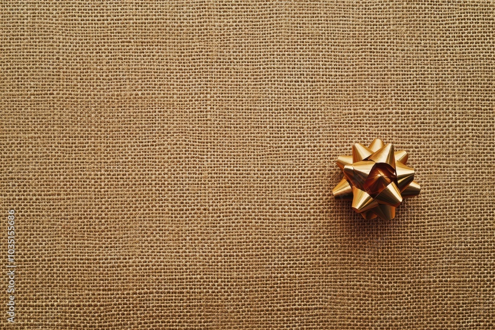 Poster A solid textured background imitating gift wrapping paper featuring a small golden bow in the corner, suitable for festive occasions. Generative AI