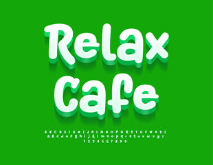 Vector playful signboard Relax Cafe. Funny White 3D Font. Artistic Alphabet Letters and Numbers set.