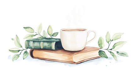 A cozy scene featuring a steaming cup of coffee beside a stack of books and green leaves, perfect for a tranquil reading nook.