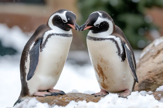 Two penguins engage in a gentle interaction while standing on a snowy rock surface during winter months - Powered by Adobe