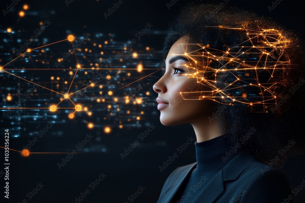 Aufkleber digital portrait of a woman with illuminated neural connections surrounding her head symbolizing bra