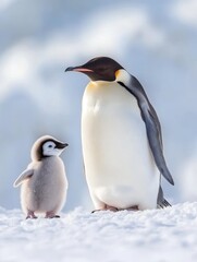 Obraz premium A gentle emperor penguin stands protectively next to its fluffy chick on a snowy Antarctic landscape during the early morning light