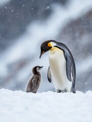 Fototapeta premium Emperor penguin parent caring for its fluffy chick in a snowy Antarctic landscape during winter
