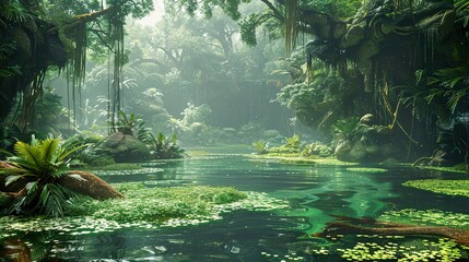 Lush Green Tropical Rainforest Landscape with River