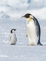 Fototapeta premium A young penguin gazes up at its parent in the snowy expanse of Antarctica during a sunny winter day