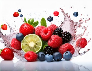 fruits falling in water splash, isolated on white background