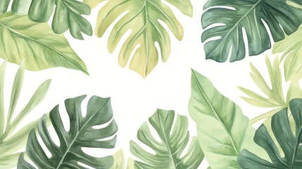 A vibrant collection of tropical leaves in various shades of green, perfect for nature-themed designs and backgrounds.