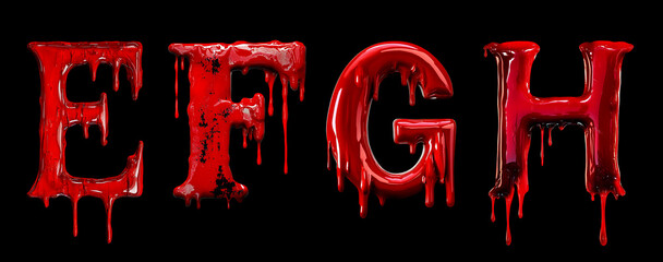 Blood font lettering. Letter E, F, G, H dripping red liquid text effect for Halloween