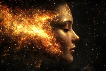 Artistic rendering of a womans face with glowing particles surrounding her symbolizing inner strength cosmic beauty and a radiant connection to the universe