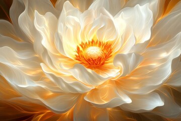 Close up of a radiant white lotus flower with golden center glowing in soft light symbolizing purity spiritual awakening and inner peace in a serene natural environment