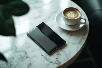 A sleek black smartphone lies on a beautiful marble table next to a steaming cup of coffee. Perfect for tech lovers and cozy moments. Generative AI