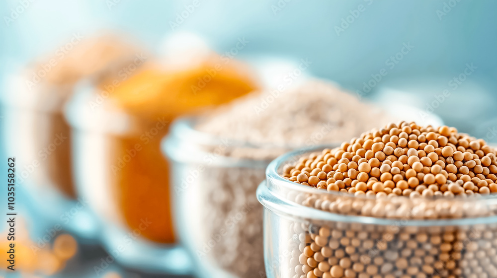 Poster a collection of different spices and herbs is displayed in clear glass jars on a kitchen countertop,