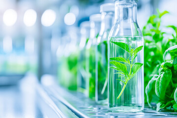 Fresh green herbs are placed in glass bottles filled with water, showcasing a clean and bright laboratory environment dedicated to plant cultivation