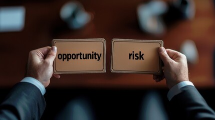 A person holds signs labeled opportunity and risk, symbolizing the balance between taking chances and potential rewards in decision-making.