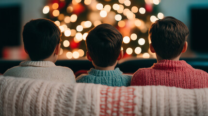 Three children sitting together on a cozy blanket, gazing at a beautifully decorated Christmas tree, filled with warm festive lights.