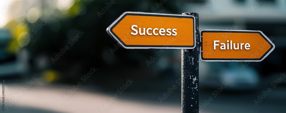 Poster a signpost pointing towards success and failure, symbolizing choices and decision-making in personal
