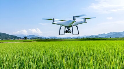 Drone Soaring Over Expansive Rice Fields Capturing Agricultural Beauty