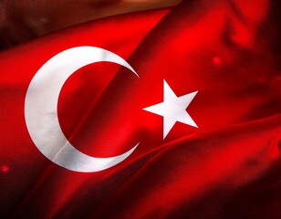 Obraz premium Turkey flag waving in the wind over dramatic cloudy sky during sunrise. Beautiful Turkish flag with star and crescent in front of colorful sky. Patriotism or nationalism concept.