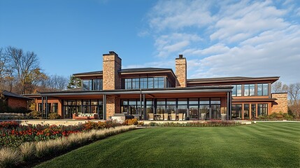 Fototapeta premium Charming and inviting suburban home nestled in a peaceful countryside setting with an expansive well manicured lawn and vibrant flower beds surrounding the property