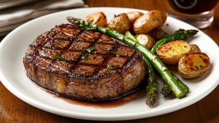 Grilled Steak with Potatoes and Asparagus on Plate