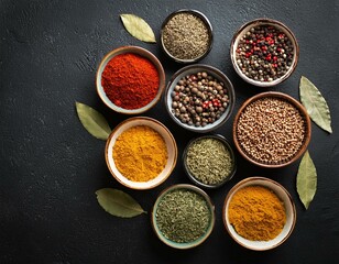 Spices and herbs on table top with copy space