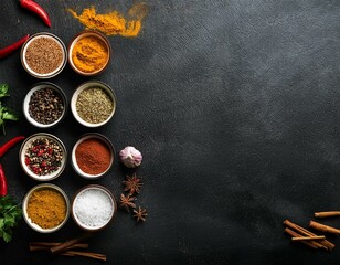 Spices and herbs on table top with copy space