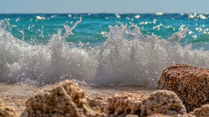 Gentle Waves Crashing on Rocky Shoreline