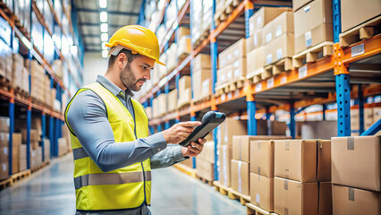 warehouse worker in yellow hard hat and vest using tablet to manage inventory