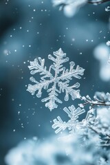 Delicate snowflakes gently falling on evergreen branches in a serene winter landscape during a snowy evening