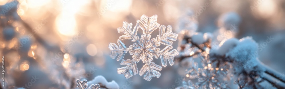 Poster beautiful snowflake resting on a branch in a serene winter landscape with soft sunlight shining thro