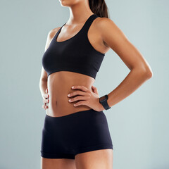 Studio, body and woman with wellness for fitness, healthy diet and self care with cardio training....