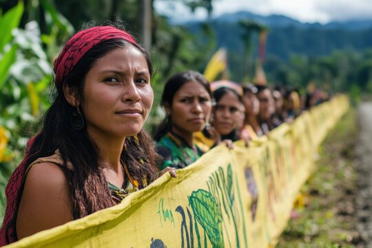 Community protests against deforestation, with banners calling for action to save the forests and protect the environment from further destruction