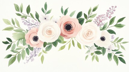 Elegant watercolor floral arrangement with soft peonies and lush greenery, perfect for wedding decor or botanical-themed designs.