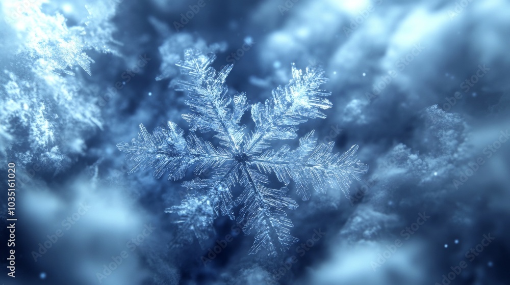 Poster close-up of a delicate snowflake showcasing intricate geometric patterns during a winter snowfall in