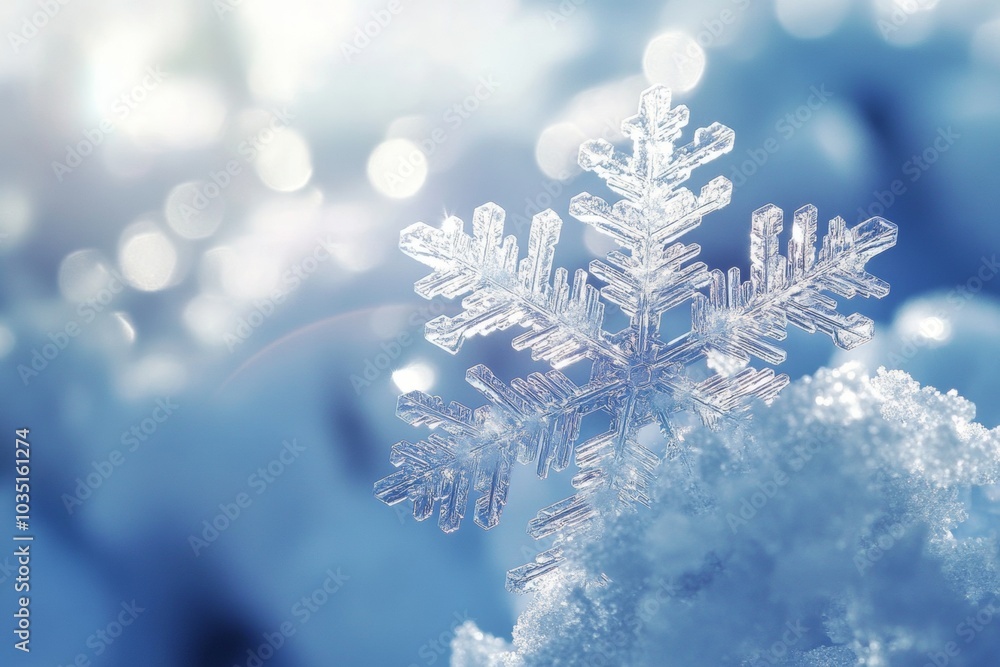 Poster delicate snowflake resting on soft snow during a serene winter morning with shimmering bokeh in the 