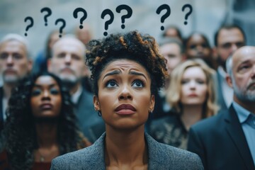 A young woman in a business meeting, with question marks hovering above her head, surrounded by other people. She is looking up and appears to be contemplating or questioning something.