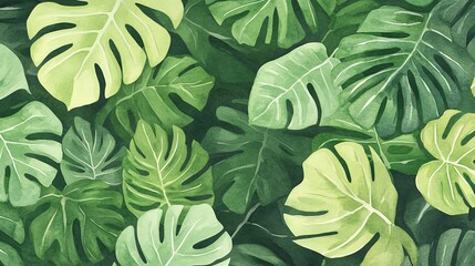 Vibrant tropical leaves in varying shades of green create a lush background, perfect for nature-themed designs and decor.