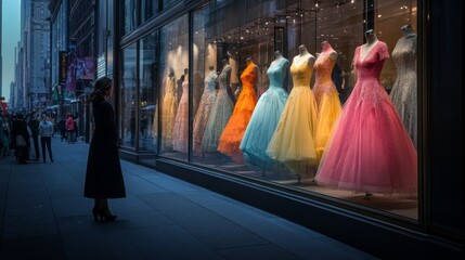 A woman in a long black coat walks past a large storefront window displaying colorful dresses on mannequins. The dresses are all different shades and styles, with some having lace details.