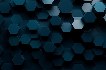 3D background featuring dark teal hexagons with a dark blue color scheme, creating a modern and futuristic design with depth.
