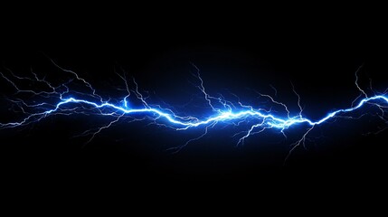 Electric blue lightning striking across a black background, showcasing natural energy and power, ideal for science and technology concepts.