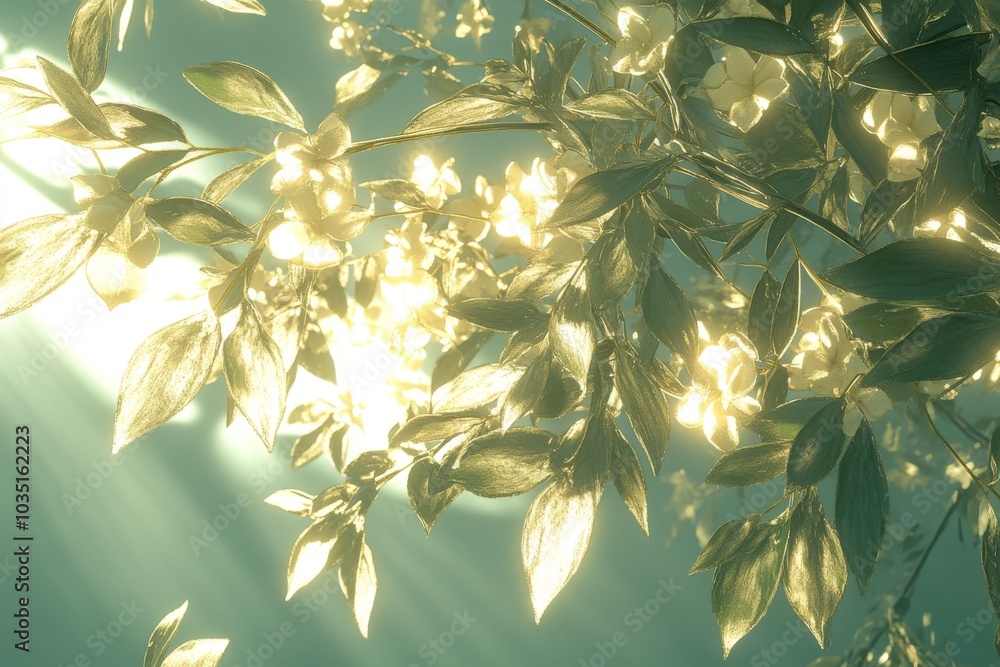 Poster sunlight filtering through green leaves creating a serene atmosphere of light and shadow symbolizing