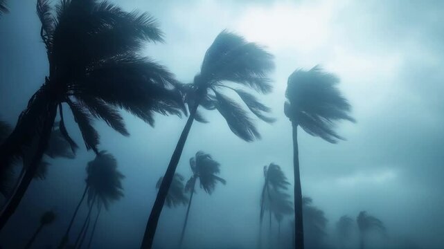 Palm Trees Swaying in Strong Wind and Rain, Hurricane, Typhoon, or Cyclone. Climate Change and Extreme Weather