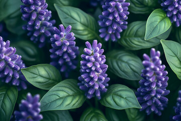 Fototapeta premium A lush and vibrant close-up of purple flowers surrounded by rich green leaves, creating a visually appealing natural scene.
