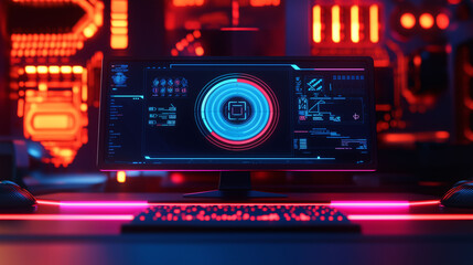 A computer monitor displays a colorful, glowing circle on a black background