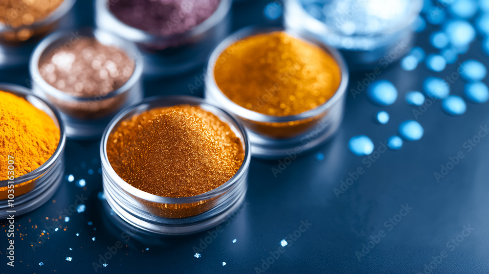 Poster an array of colorful metallic powders arranged in clear containers on a dark background. these shimm
