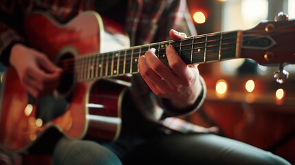 Obraz premium Close-up of a Musician's Hand Playing an Acoustic Guitar
